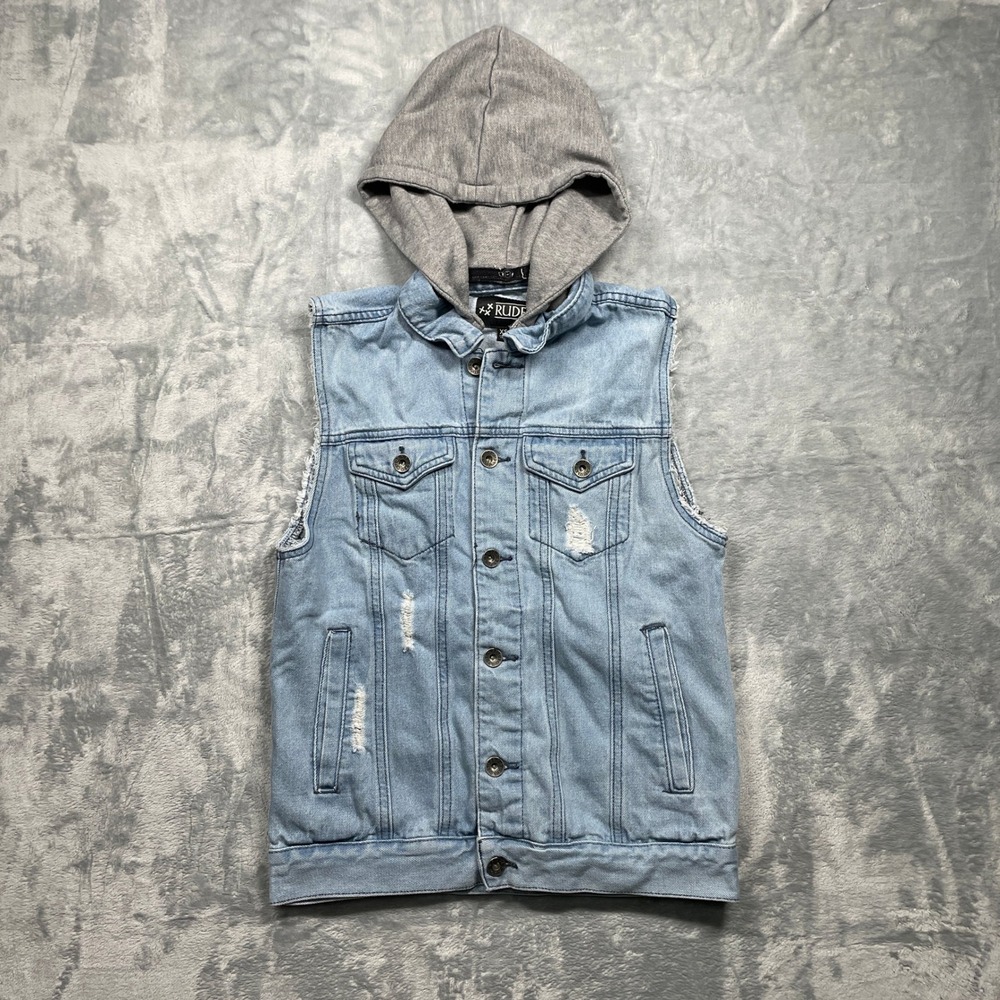 RUDE Hot Topic Mens Distressed Grunge Denim Vest With Hoodie Light Wash Size XS